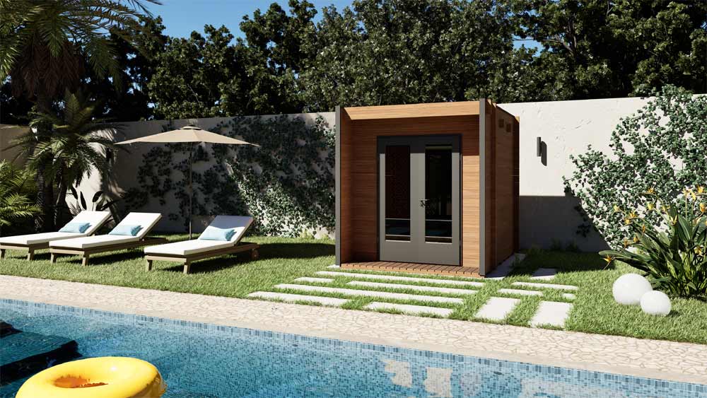 Casetta in legno con porte in PVC e accessori di design