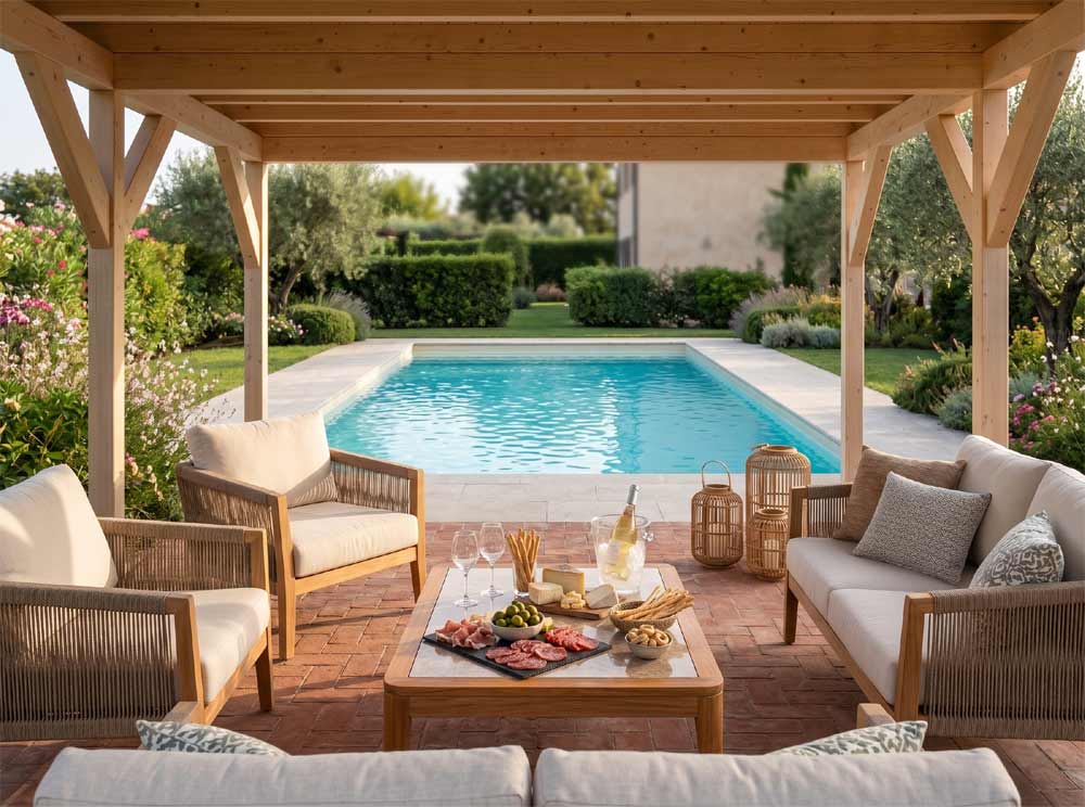 Pergola in legno in piscina