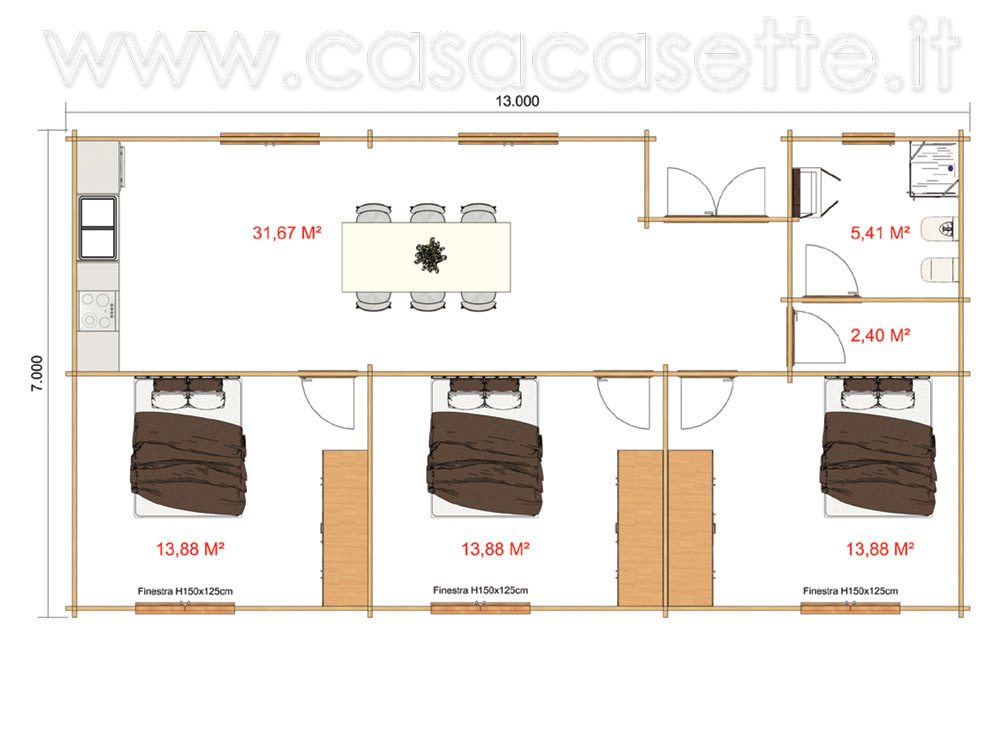 Casetta modello Andorra 90mq pianta stanze