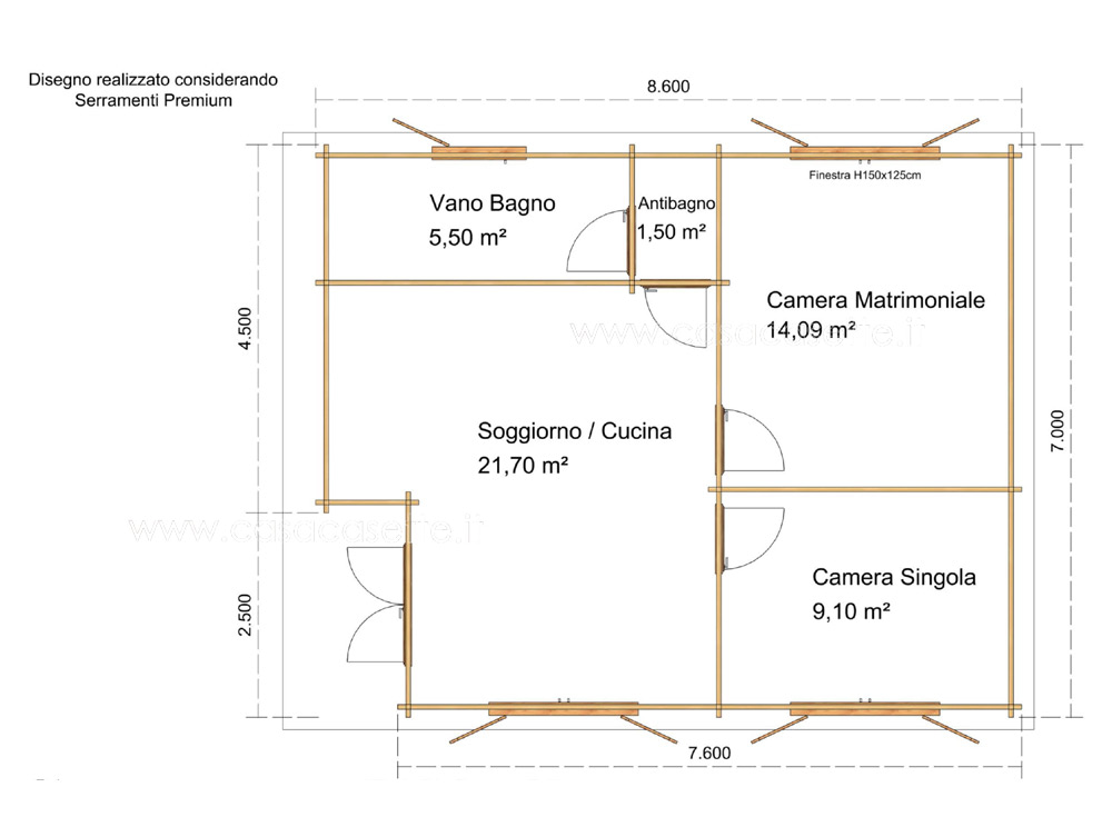Casetta modello Rapallo 60mq V1- NO Veranda pianta stanze