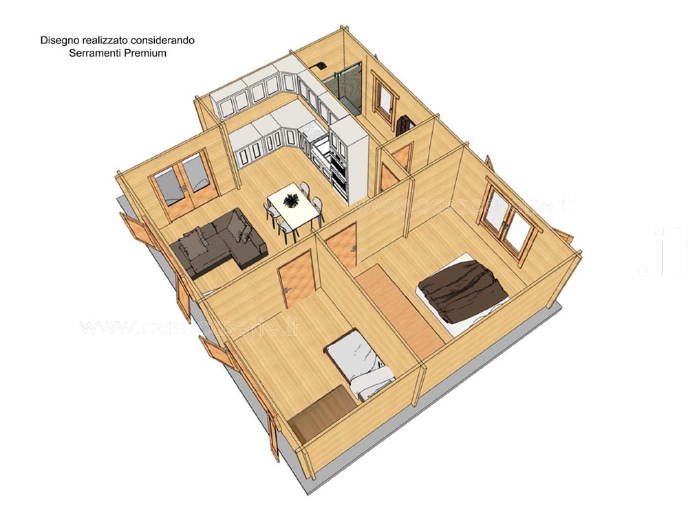Casetta modello Rapallo 60mq V1- NO Veranda stanze simulazione