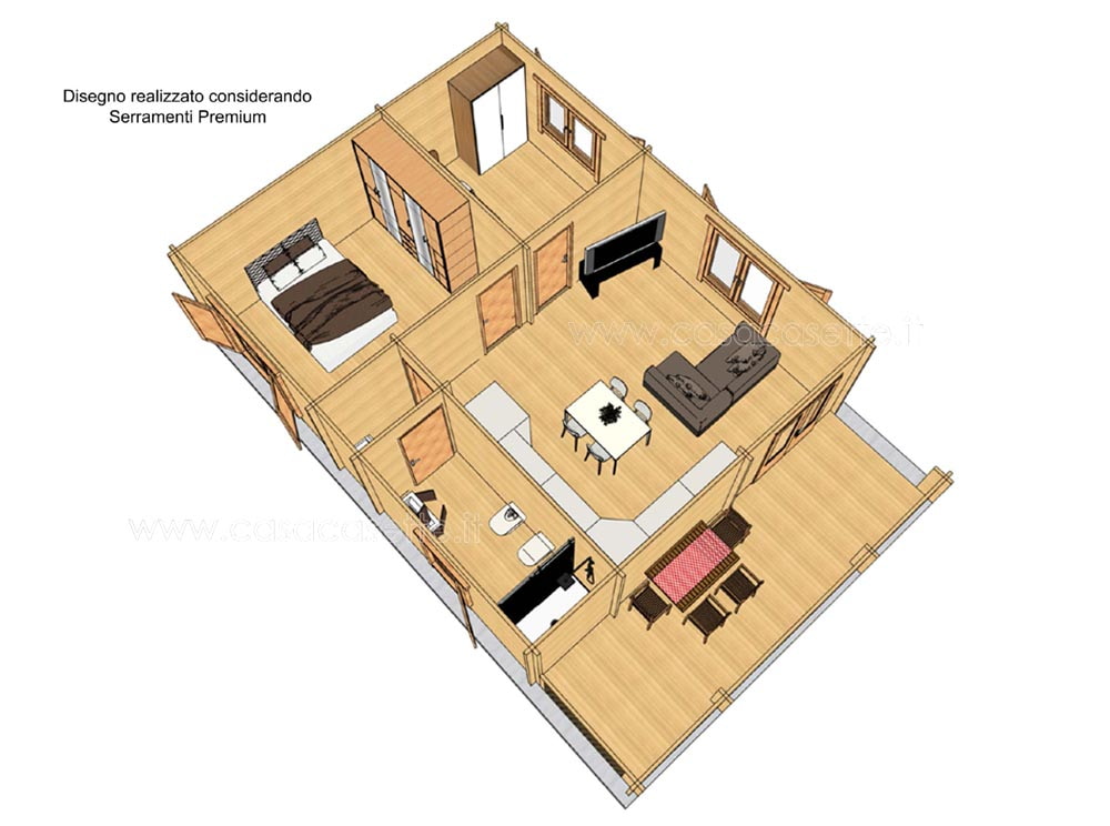 Casetta modello Rapallo 60mq V2- CON Veranda arredi simulazione