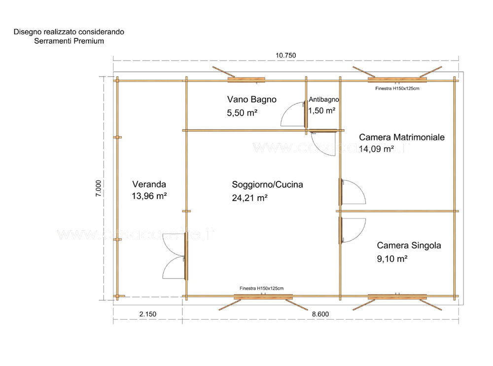 Casetta modello Rapallo 60mq V2- CON Veranda pianta stanze
